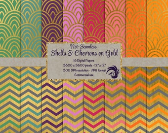Shells and Chevrons Gold Digital Paper Scrapbook Background Instant Download