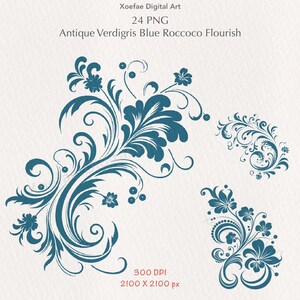 Imágenes prediseñadas de adornos rococó antiguos con pátina verdosa / Descarga digital PNG de pergaminos barrocos / Adorno azul vintage