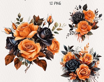 12 Rose Bouquet PNG Clipart | Orange & Black Floral Watercolor Bundle | Gothic Roses | Halloween  | Spooky Wedding Flowers | Fall Floral PNG