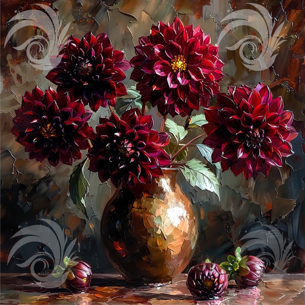 Dark Red Dahlia Flowers Still-Life Oil Painting - Impressionist Palette Knife Art - Digital File