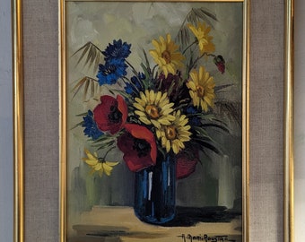 Öl auf Leinwand mit einem Blumenstrauß in einer blauen Vase von Annie Mari Roustan