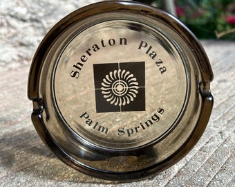 Vintage Sheraton Plaza Palm Springs smoky glass ashtray mid century style