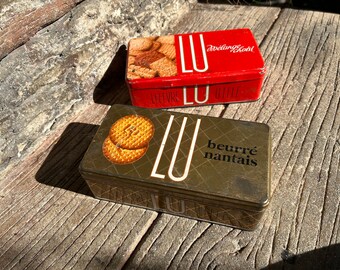 Vintage francés LU hermosas galletas rojas y doradas caja de lata