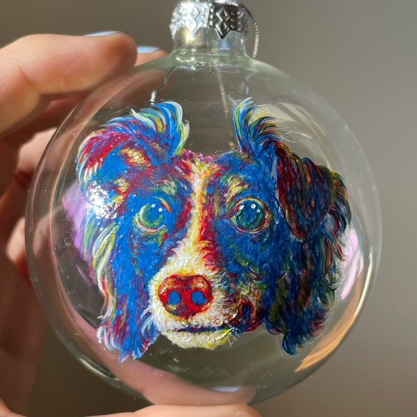 Custom hand-painted glass ornament, bright and colorful unique pet art