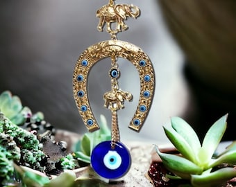 Turkish Evil Eye Amulet – Elephant & Horseshoe Wall Hanging, Protection Decor
