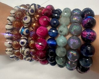 Mystic Carnelian /Plated Agate/ Agate/ Tiger eye round Faceted Stretchy Bracelet. 100% Natural Stones