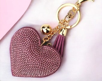 Luxury Bling Rhinestone Heart Shape  Leather Keychains   With Tassel