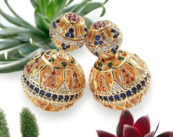 Luxury Hollow Colorful Zircon Two Side Ball Stud Earrings Vintage Ethnic Jewelry Cubic