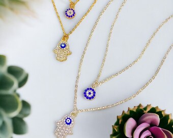 Turkish Evil Eye Layered Necklace Set: Hamsa & Circle Pendant