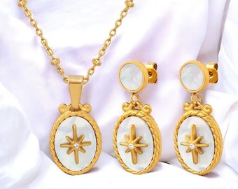 White Haibei Star Pendant Necklace -earrings ElegantSet/Compass Rose Pendant