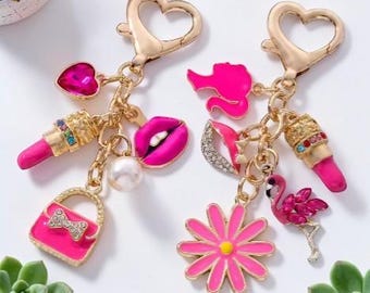 Pretty Rose Red Bag Lips Flamingos Lipstick Enamel Keychain