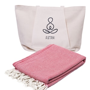 Turkish Towel with Matching Tote Bag – Organic Cotton, Quick Dry, Eco Friendly – Perfect Gift Set for Beach, Yoga & Travel