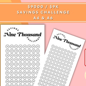 Nine Thousand Dollar / 9000 / 9K  Savings Challenge - A6 + A4 Printable PDF Downloadable - Minimal Design - Budget, Sinking Funds, Savings