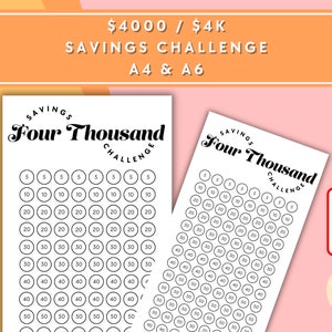 Four Thousand Dollar / 4000 / 4K  Savings Challenge - A6 + A4 Printable PDF Downloadable - Minimal Design - Budget, Sinking Funds, Savings