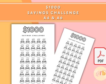 1000 Savings Challenge - A6 + A4 Printable PDF Downloadable - Minimal Design - Budget, Sinking Funds, Savings