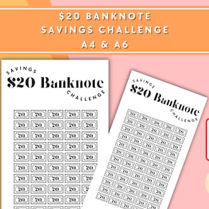 20 Dollar Bank Note Savings Challenge - A6 + A4 Printable PDF Downloadable - Minimal Design - Budget, Sinking Funds, Savings
