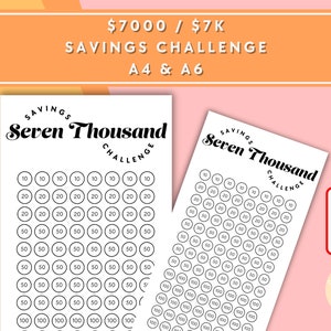 Seven Thousand Dollar / 7000 / 7K  Savings Challenge - A6 + A4 Printable PDF Downloadable - Minimal Design - Budget, Sinking Funds, Savings