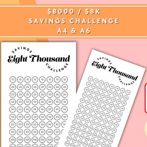 Eight Thousand Dollar / 8000 / 8K  Savings Challenge - A6 + A4 Printable PDF Downloadable - Minimal Design - Budget, Sinking Funds, Savings