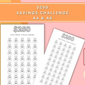 250 Savings Challenge - A6 + A4 Printable PDF Downloadable - Minimal Design - Budget, Sinking Funds, Savings