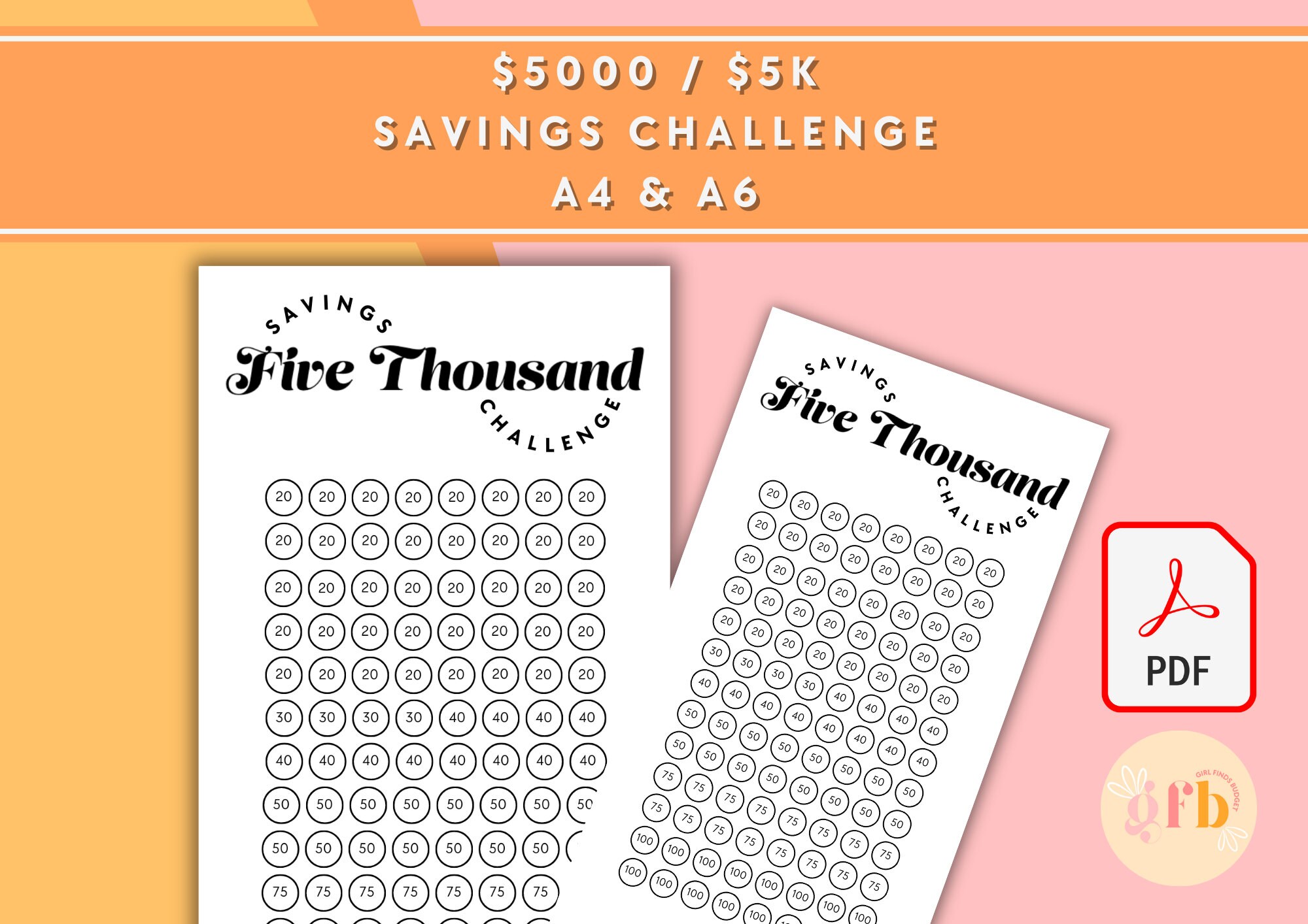 Five Thousand Dollar / 5000 / 5K  Savings Challenge - A6 + A4 Printable PDF Downloadable - Minimal Design - Budget, Sinking Funds, Savings