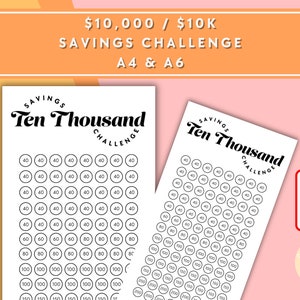 Ten Thousand Dollar / 10000 / 10K  Savings Challenge - A6 + A4 Printable PDF Downloadable - Minimal Design - Budget, Sinking Funds, Savings