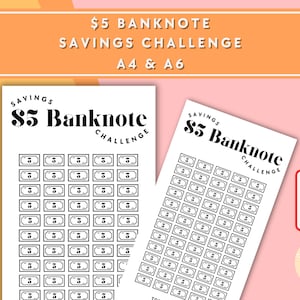 5 Dollar Bank Note Savings Challenge - A6 + A4 Printable PDF Downloadable - Minimal Design - Budget, Sinking Funds, Savings