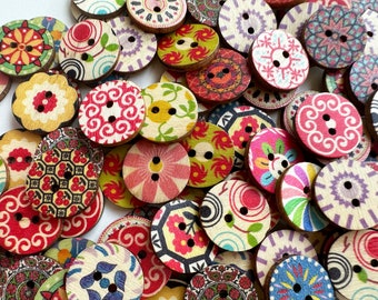 50-100 pcs Whole Sale Mix Vintage Buttons, Bulk Wooden Buttons. 0.75, 1 inch sizes. Painted Buttons.Sewing Supplies.