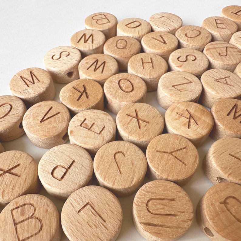 A-Z Wood Alphabet Cookie Beads. Bulk Wood Beads Wholesale.DIY Jewelry.Beech Wood Letter Beads.Beading.Letter wood beads.Alphabet wood beads. image 2
