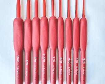 Ergonomic crochet hook.2.-6mm. 9 sizes for pick. Red silicone handle. full set hooks, yarn hook, armour hooks, clover hook crotchet set.