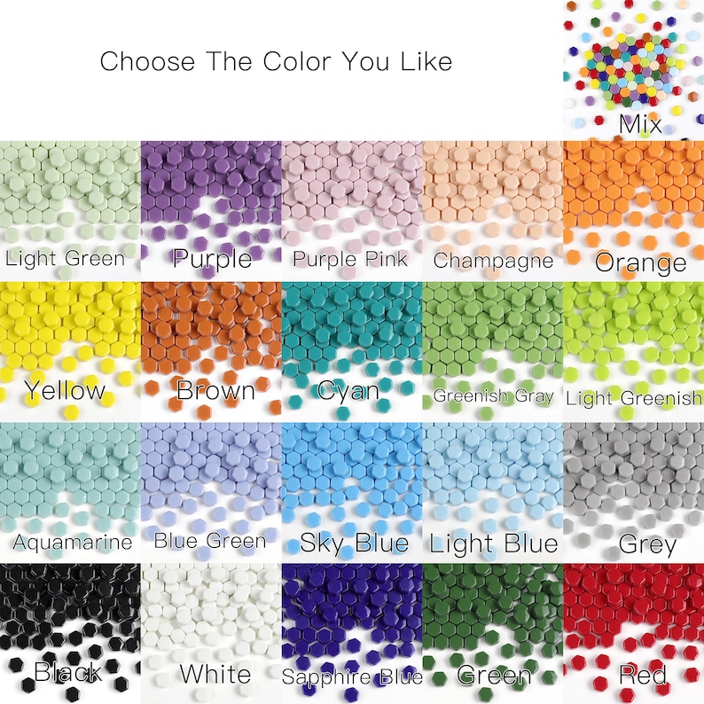 Pu&ograve; includere: Una griglia di ventuno opzioni di colore per piccole perline di ceralacca esagonali, etichettate con testo che include Light Green, Purple, Purple Pink, Champagne, Orange, Yellow, Brown, Cyan, Greenish Gray, Light Greenish, Aquamarine, Blue Green, Sky Blue, Light Blue, Grey, Black, White, Sapphire Blue, Green, Red e Mix.