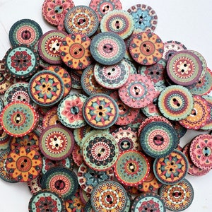 50-100 pcs Wholesale Vintage Pattern Buttons Mix, Bulk Wooden Buttons. 0.75, 1 inch sizes. Painted Buttons. Sewing Supplies.