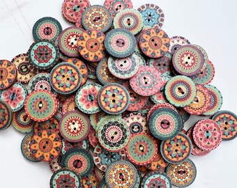 50-100 pcs Wholesale Vintage Pattern Buttons Mix, Bulk Wooden Buttons. 0.75, 1 inch sizes. Painted Buttons. Sewing Supplies.