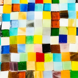 May include: A colourful mosaic of small, square glass tiles in various shades of blue, green, yellow, red, and white.