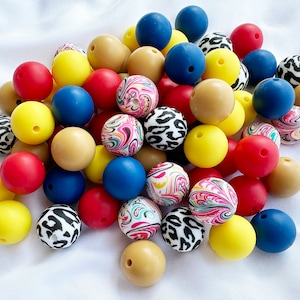 6 color 15mm printed Silicone Beads Mix. 20-100beads BULK Round Silicone Beads.Silicone.Wholesale Silicone Beads