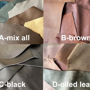 May include: Four different types of leather scraps: a mix of colors, brown, black, and oiled leather.  The leather scraps are arranged in a grid pattern.