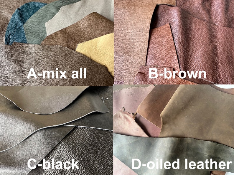 May include: Four different types of leather scraps: a mix of colors, brown, black, and oiled leather.  The leather scraps are arranged in a grid pattern.