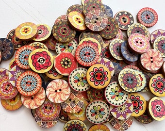 50-100 pcs Whole Sale Mix of Floral buttons, Bulk Wooden Buttons. 0.75, 1 inch sizes. Vintage Buttons, Sewing Supplies.Painted Buttons.