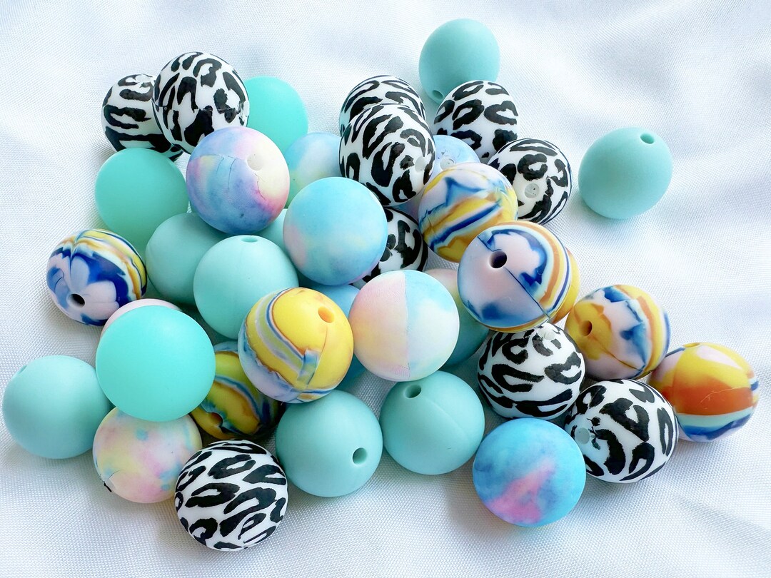 4 Style 15mm Printed Silicone Beads Mix.20100beads BULK Round Silicone