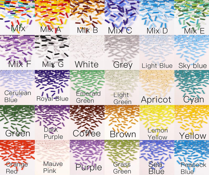 May include: A grid of thirty color-coded sections displaying small, cylindrical glass bugle beads. Each section features a specific color or mix, labeled with text including Mix A through F, White, Grey, Light Blue, Sky blue, Cerulean Blue, Royal Blue, Emerald Green, Light Green, Apricot, Cyan, Green, Dark Purple, Coffee, Brown, Lemon Yellow, Yellow, Orange Red, Mauve Pink, Purple, Grass Green, Sea Blue, and Peacock Blue.