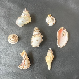 May include: A collection of seashell pendants with gold-colored metal accents and sparkling rhinestones. The shells vary in shape and size, with some featuring a spiral design and others a more elongated form. The rhinestones are primarily clear and pink.