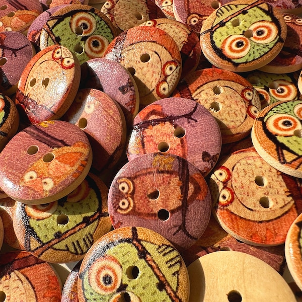 50-100 piezas Botones de mezcla de patrón de búho, botones de madera a granel. Tallas 0,75. Botones vintage, nociones de costura.Botones de costura.