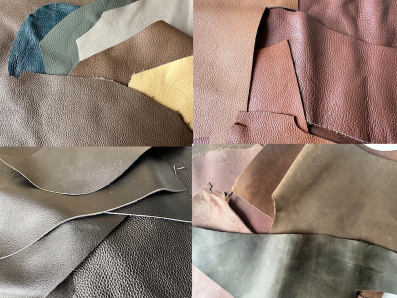 May include: Assortment of leather scraps in various shades of brown, gray, and green. The leather is textured and has a natural, rustic look.