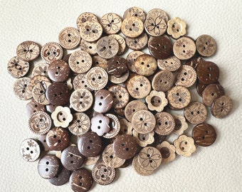 50-100 pcs Whole Sale Mix Coconut Buttons, Bulk Wooden Buttons.  Multiple sizes. Classic Buttons. Sewing,Notions.Vintage Buttons.