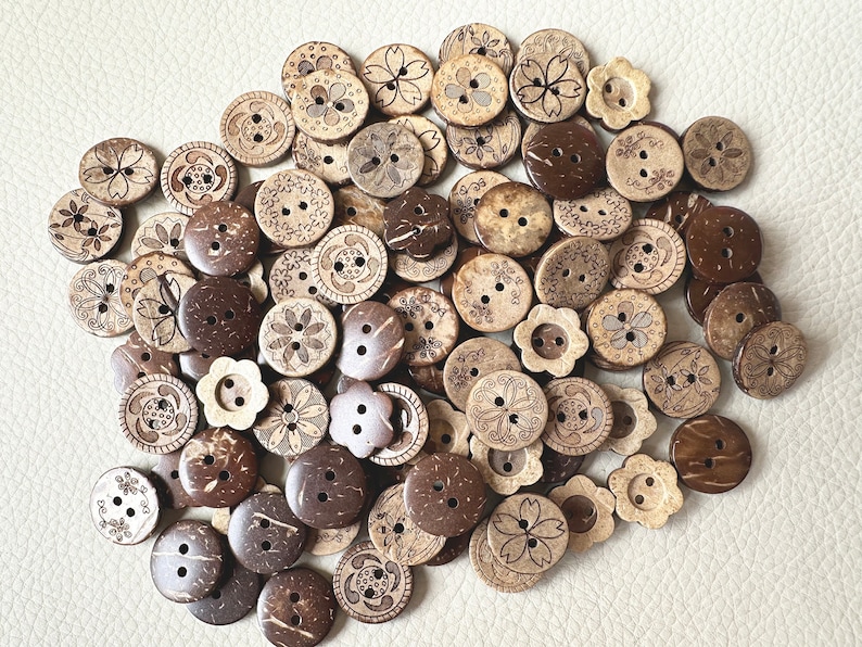 50-100 pcs Whole Sale Mix Coconut Buttons, Bulk Wooden Buttons. Multiple sizes. Classic Buttons. Sewing,Notions.Vintage Buttons. image 1