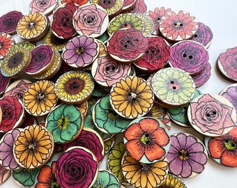 50-100 pcs Wholesale Flower Buttons Mix, Bulk Wooden Buttons. 0.75, 1 inch sizes. Painted Buttons.Sewing Supplies.