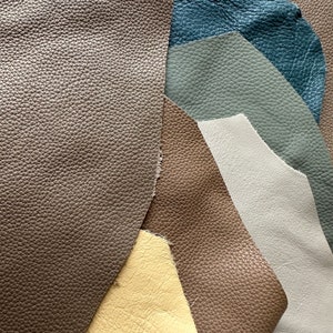 May include: A collection of leather swatches in various shades of brown, beige, gray, and blue. The swatches are arranged in a fan shape, with the darkest shade at the bottom and the lightest shade at the top.