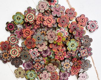 50-100 pcs Whole Sale Mix of Floral buttons, Bulk Wooden Buttons. 0.75, 1 inch sizes. Vintage Buttons, Sewing Supplies.Painted Buttons.