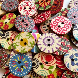 50-100 pcs Whole Sale Mix Vintage Buttons, Bulk Wooden Buttons. 0.75, 1 inch sizes. Painted Buttons.Sewing Supplies. image 2