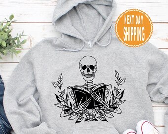 Moletom com capuz de esqueleto com livro de leitura: moletom engraçado de Halloween