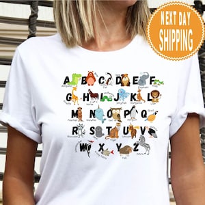 Camiseta con el alfabeto, camiseta ABC, camiseta con el alfabeto de animales, camiseta para maestros de jardín de infantes, camiseta con el alfabeto para maestros, camiseta para maestros, camiseta para la vuelta al cole